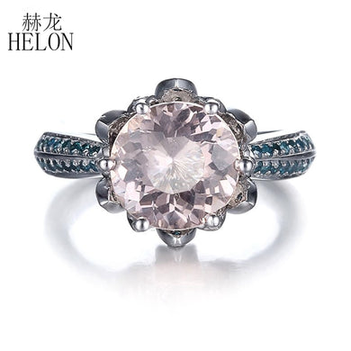 Pave SI/H Blue Diamonds Solid 10K White Gold 8mm Round Pink Morganite Lotus Fine Engagement Ring For Women Fine Jewelry
