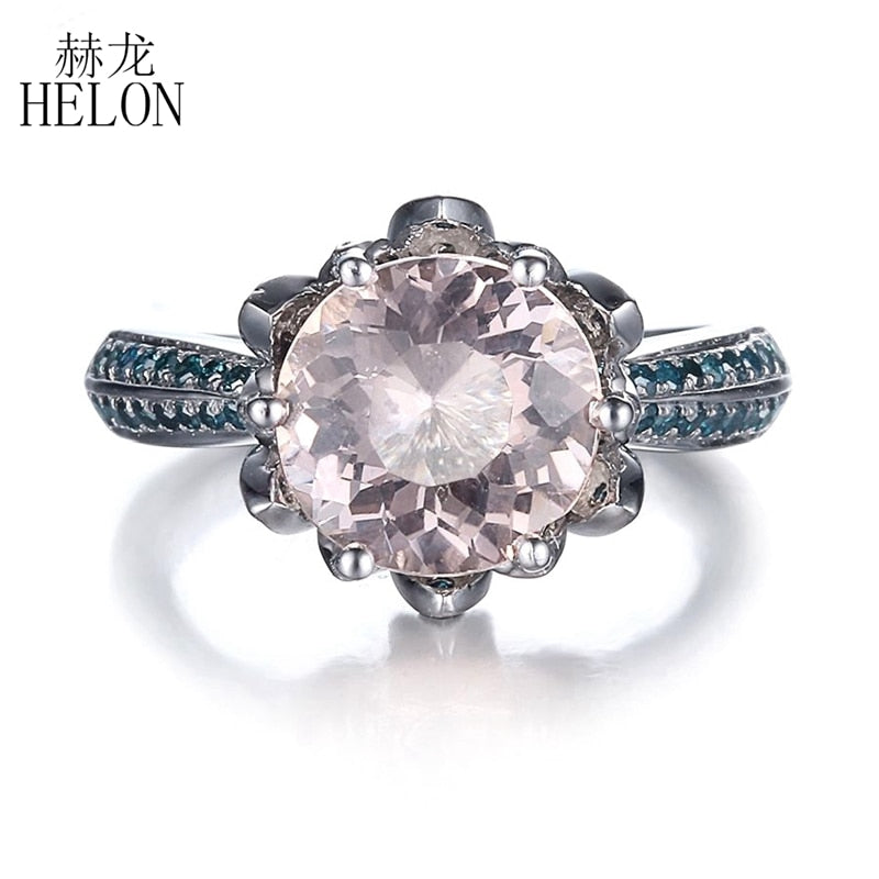Pave SI/H Blue Diamonds Solid 10K White Gold 8mm Round Pink Morganite Lotus Fine Engagement Ring For Women Fine Jewelry