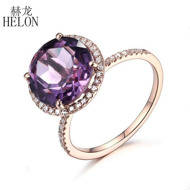 Solid 10K Rose Gold Flawless Round 9.5mm 3.89ct Amethyst Ring 0.2ct Diamonds Halo Engagement Wedding Ring Women's Jewelry