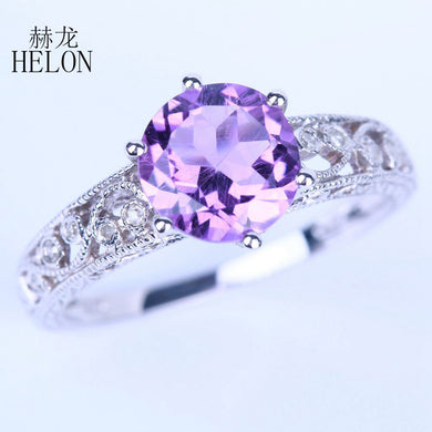 Solid 10K White Gold Art Style Vintage 7.5mm Round 2.12ct Amethyst Pave Natural Diamond Engagement Women's Jewelry Ring