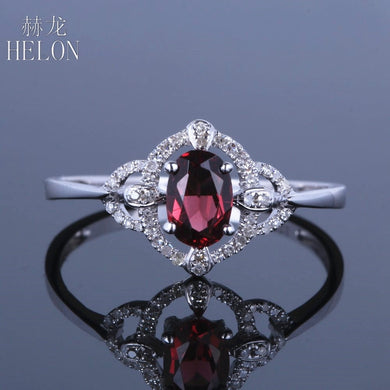 Solid 14K (585) White Gold Flawless Oval 4x6mm Garnet Pave Real Natural Diamonds Gemstone Wedding Trendy Fine Jewelry Ring