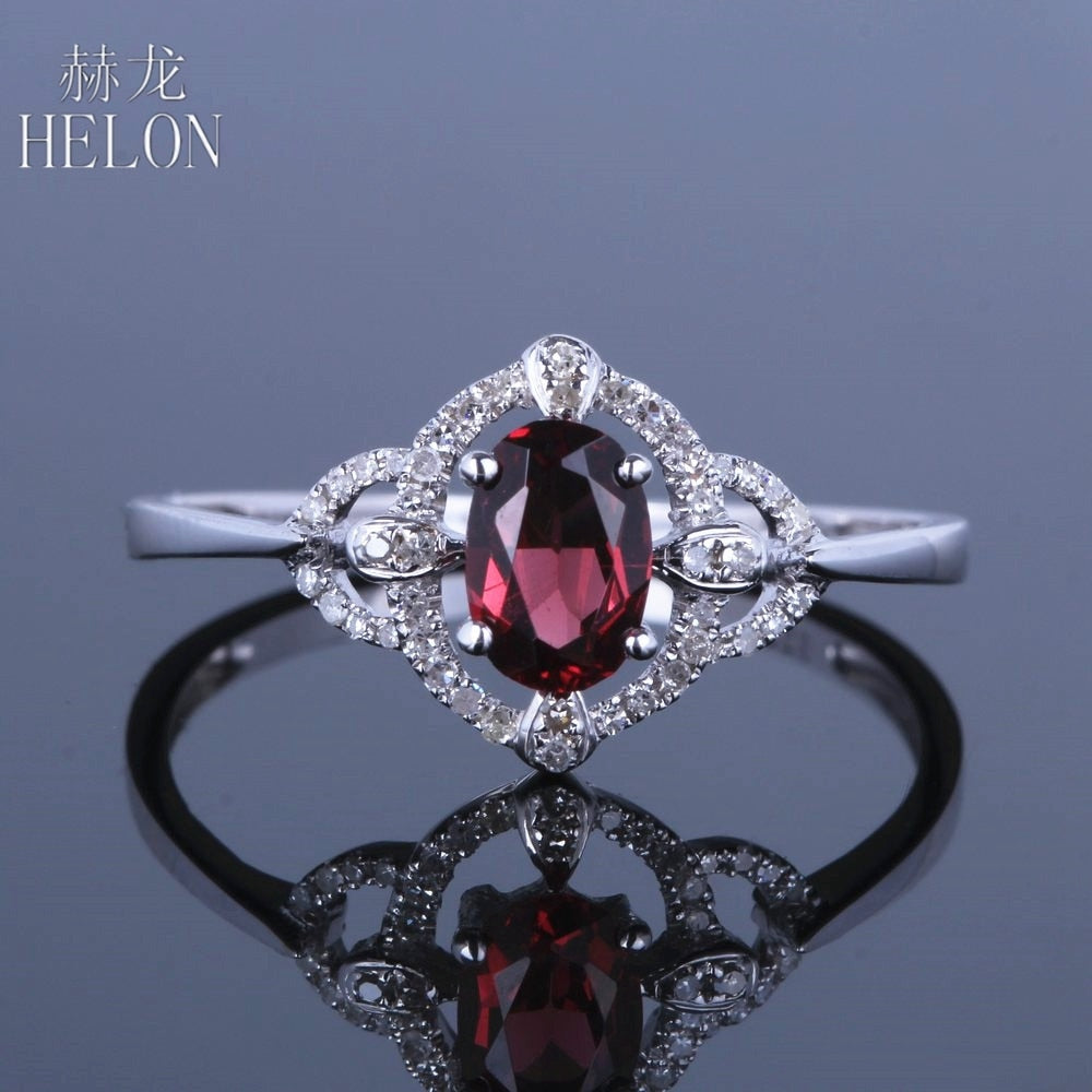 Solid 14K (585) White Gold Flawless Oval 4x6mm Garnet Pave Real Natural Diamonds Gemstone Wedding Trendy Fine Jewelry Ring