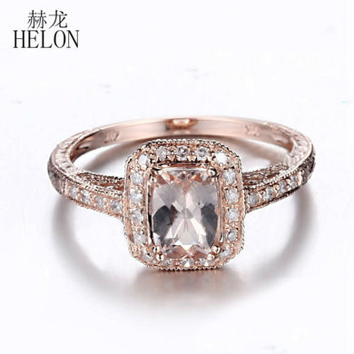 Solid 14K Rose Gold 7x5mm Cushion Morganite Ring Real Diamonds Engagement Wedding Ring Women Vintage Fine Jewelry Vintage