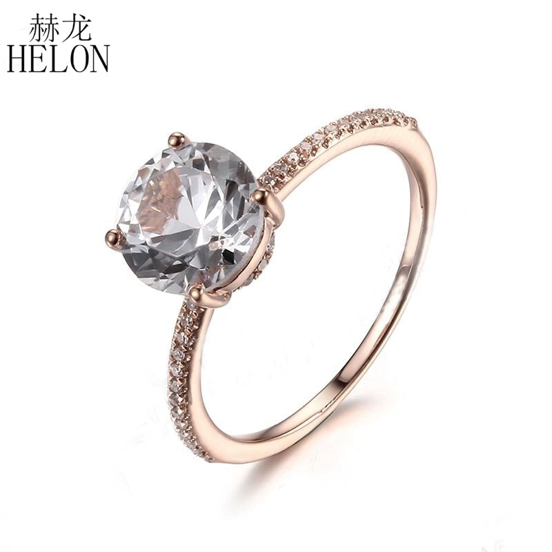 Solid 14K Rose Gold Elegant round 8mm White Topal Pave Natural Diamonds Ring Engagement & Wedding Gemstone Diamonds Ring