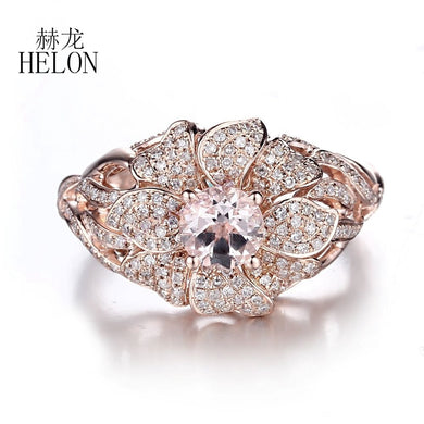 Solid 14K Rose Gold Pave 0.7ct Natural Diamonds 5.5mm Round Cut 0.56ct Pink Morganite Engagement Wedding Fine Flower Ring