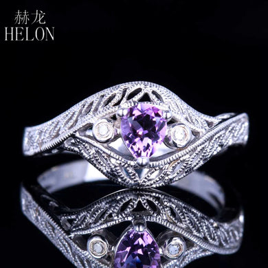 Solid 14K White Gold 5x4mm Pear Genuine Amethyst Real Natural Diamond Gemstone Engagement Wedding Art Nouveau Women Ring