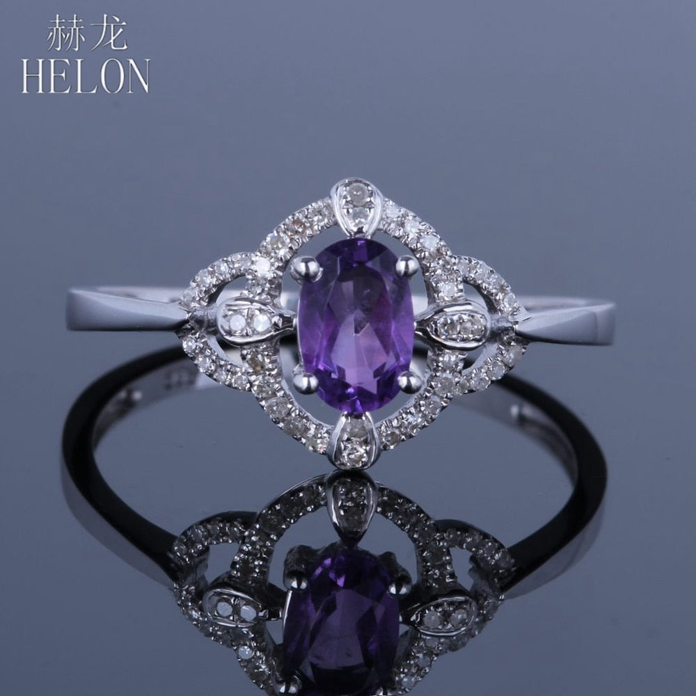 Solid 14K White Gold Oval Cut 4x6mm 100% Genuine Natural Amethyst Ring Engagement Wedding Real Diamond Ring Trendy Jewelry