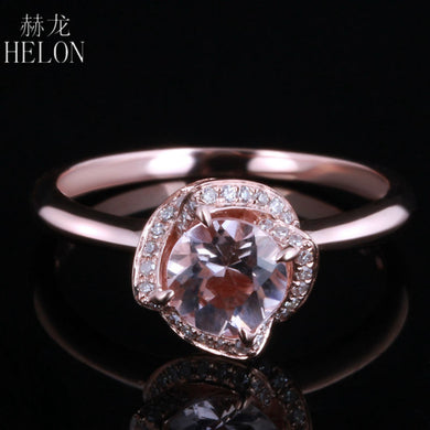 Solid 14k (585) Rose Gold Flawless 6.5mm Round Genuine Morganite Pave Diamonds Engagement Flower Women Trendy Jewelry Ring