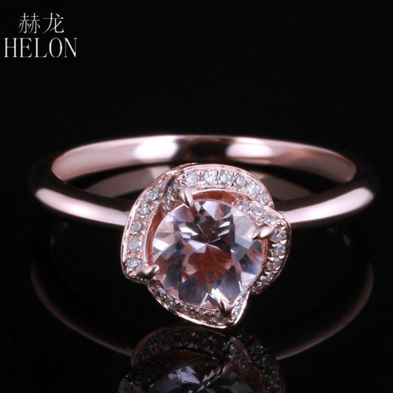 Solid 14k (585) Rose Gold Flawless 6.5mm Round Genuine Morganite Pave Diamonds Engagement Flower Women Trendy Jewelry Ring