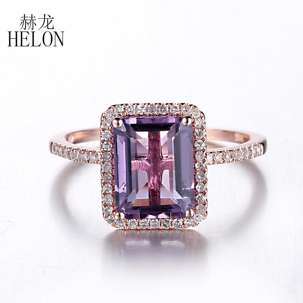 Solid 14k Rose Gold 9x7mm Emerald Cut 2.37ct Purple Amethyst Pave Diamond Engagement Wedding Ring Women Jewelry Fine Ring