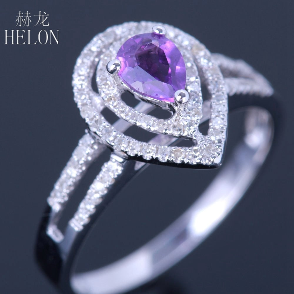 Sparkling Solid 10K White Gold 5x4mm Pear 100% Genuine Amethyst Gemstone Ring Real Diamond Engagement Wedding Jewelry Ring