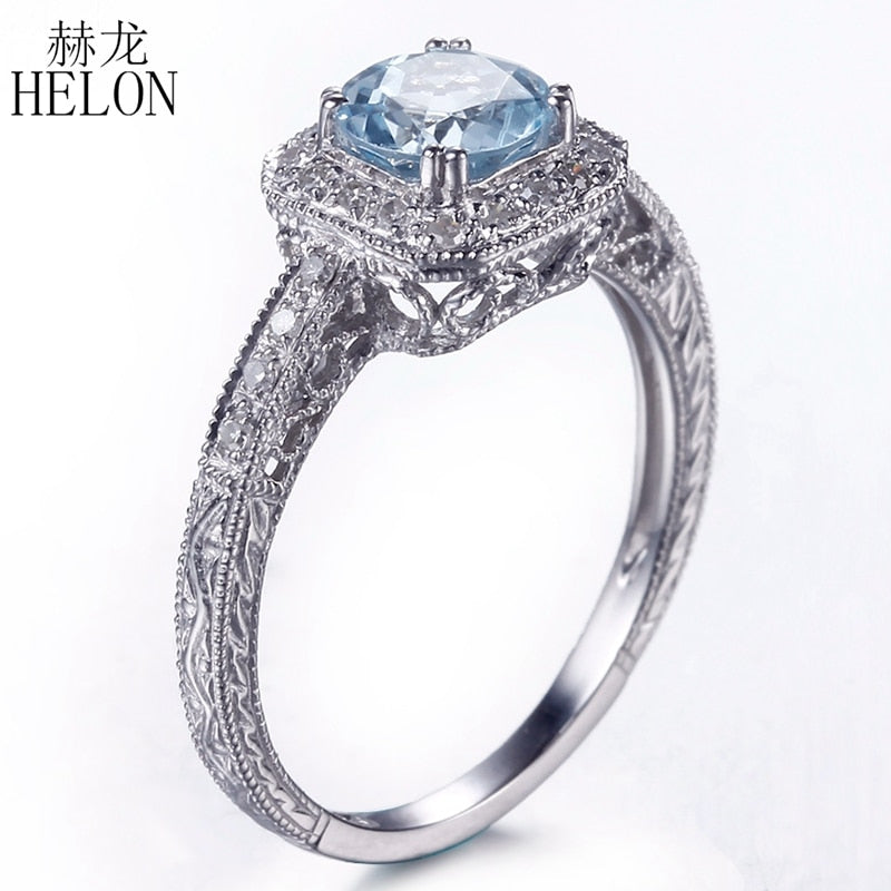 Vintage Filigree Antique Round 6mm Blue Topaz Ring Sterling Silver 925 Fine Diamonds Engagement Wedding Ring For Women