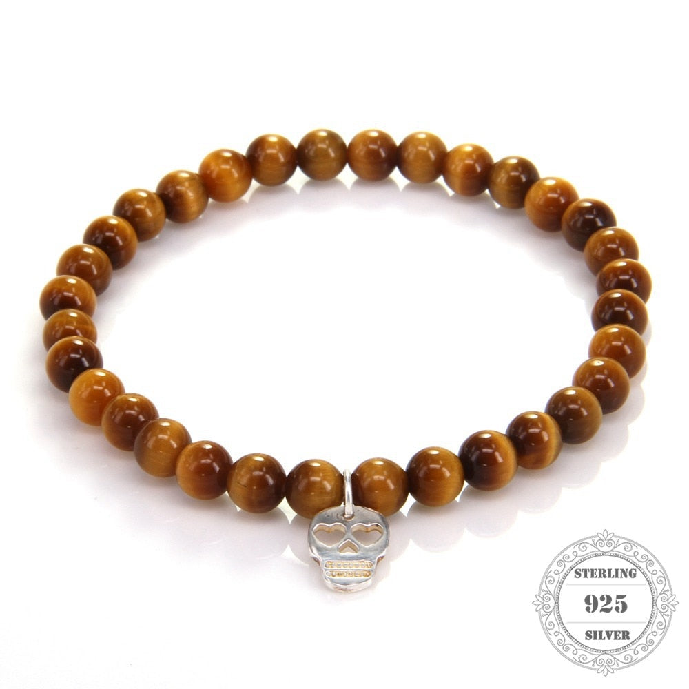 Thomas 6mm Tiger Eye Beads Bracelet with 925 Sterling Silver Color Skull, Women Fine Jewelry TS B002