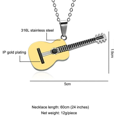 Rock Two Tone Gold Color Titanium Stainless Steel Music Guitar Pendant Necklace for Men Jewelry