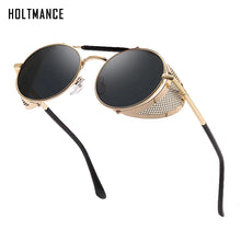 Load image into Gallery viewer, HOLTMANCE Retro Round Steampunk Sunglasses Men Women Side Shield Goggles Metal Frame Gothic Mirror Lens Sun Glasses