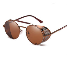 Load image into Gallery viewer, HOLTMANCE Retro Round Steampunk Sunglasses Men Women Side Shield Goggles Metal Frame Gothic Mirror Lens Sun Glasses