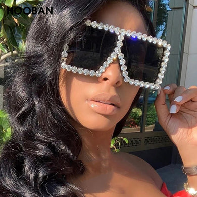 HOOBAN Diamond Women Sunglasses Retro Oversized Brand Design Sung Glasses Female Vintage Big Squared Eyewear UV400