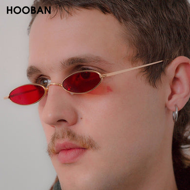 HOOBAN Retro Small Sunglasses Men Women Brand Oval Metal Sun Glasses For Male and Female Red Black Color Shades UV400