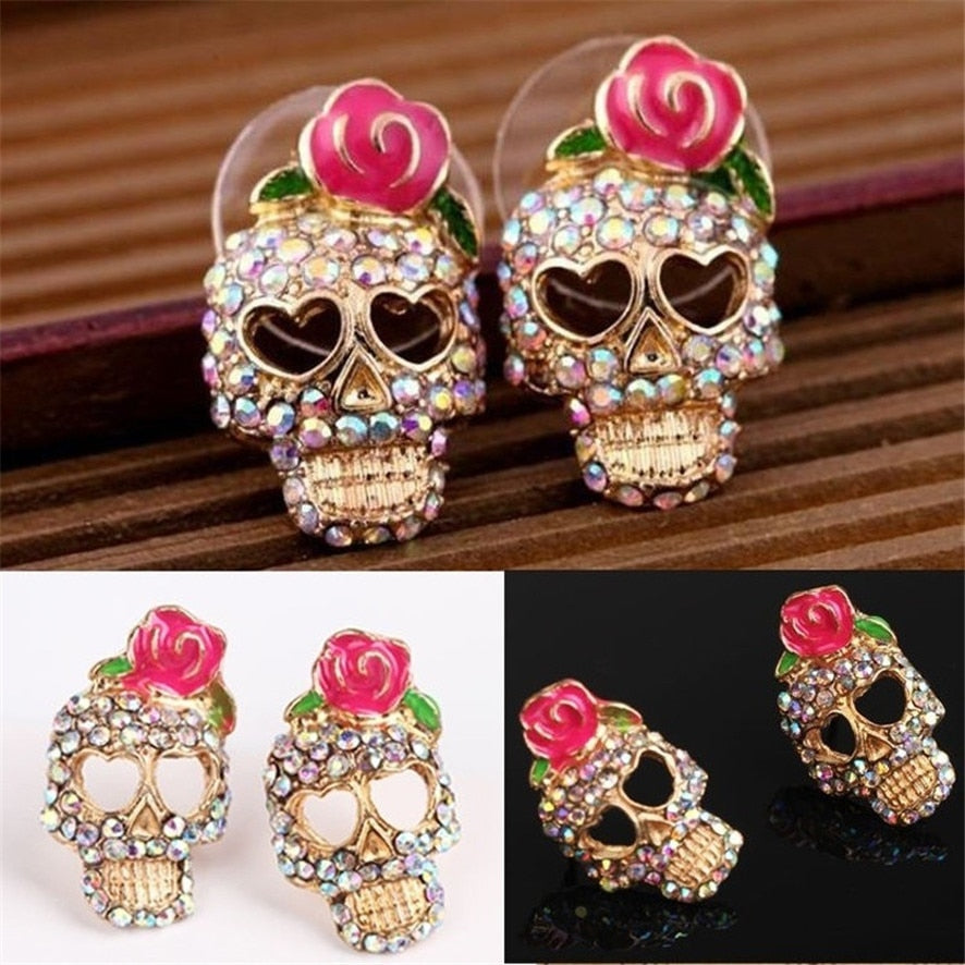 HOT Brand Fashion Cute girls Women Pink Rose Rhinestone Skeleton Skull Ear Studs Earrings Jewelry dropshipping 0.42