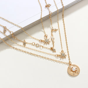 Shiny Crystal Gem Round Stars Pendant Multilayer Chain Necklace Charm Pearl Gold Chain Party Jewelry Gift 6653