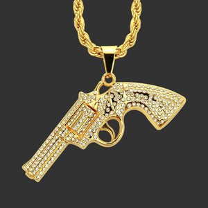 Revolver Uzi Gun Pendant Necklaces Women Men Hip Hop Jewelry Steampunk Bling Rhinestone Gold Long Chain Necklace