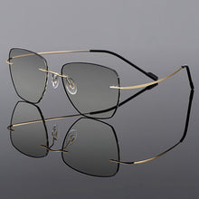 Load image into Gallery viewer, Gmei Optical Golden Titanium Alloy Men&#39;s Rimless Glasses Frame With Gradient Grey Tint Plano Lenses And Black Border Q90010