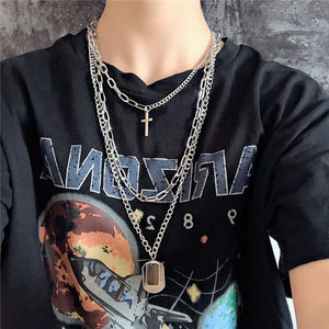 Multilayers Punk Chains Cross Necklace Couple Fashion Street Hip Hop Geometric Metal Pendant Necklaces for Women