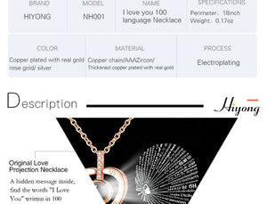 I Love You Necklace 100 Languages Heart Love Necklace Love Memory Projection Pendant Necklace for Women Gifts for Mother's Day