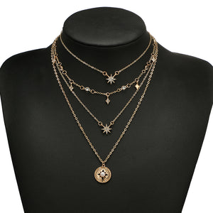 Shiny Crystal Gem Round Stars Pendant Multilayer Chain Necklace Charm Pearl Gold Chain Party Jewelry Gift 6653
