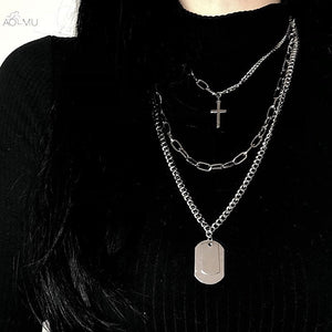Girl Gift Metal Silver Color Cross Pendants Necklace For Women Men  Jewelry Geometric Rectangle Clavicle Chain Necklace