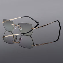 Load image into Gallery viewer, Gmei Optical Trendy Golden Titanium Alloy Men Rimless Glasses Frame With Gradient Grey Tint Plano Lenses And Black Border Q90250