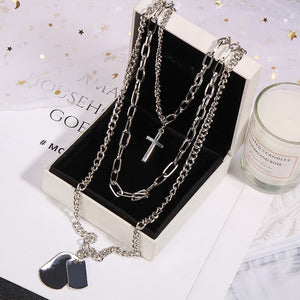 Multilayers Punk Chains Cross Necklace Couple Fashion Street Hip Hop Geometric Metal Pendant Necklaces for Women
