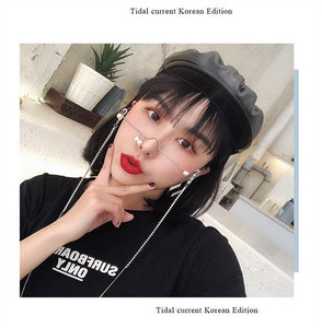 Fashion glasses women female vintage no lense glasses elegant eyeglasses frame half frame pearl chain spectacle frame unisex