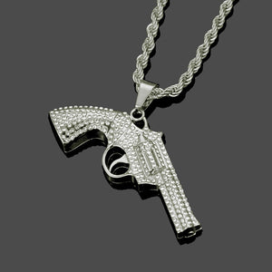 Revolver Uzi Gun Pendant Necklaces Women Men Hip Hop Jewelry Steampunk Bling Rhinestone Gold Long Chain Necklace