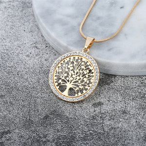 Tree of Life Crystal Round Small Pendant Necklace Gold Silver Color Bijoux Collier Elegant Women Jewelry Gifts