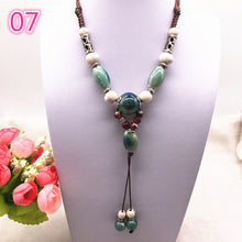 Carica l&#39;immagine nel visualizzatore di Gallery, Fashion Ethnic Jewelry Traditional Handmade Ornaments Weave Wax Rope Ceramics Necklace Ceramics Beads Pendant Long Necklace #07