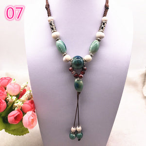 Fashion Ethnic Jewelry Traditional Handmade Ornaments Weave Wax Rope Ceramics Necklace Ceramics Beads Pendant Long Necklace #07