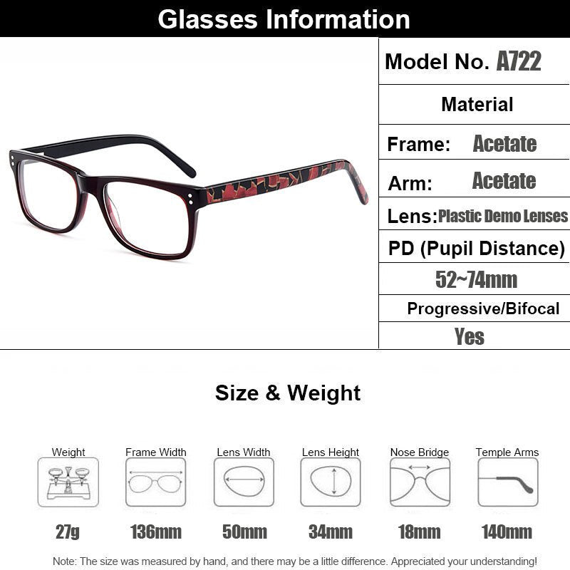 Gmei Optical Classical Square Acetate Full Rim Optical Glasses Frames Women Myopia Presbyopia Eyewear With Spring Hinges A722