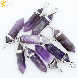 Real Raw Pink Purple Gem Crystal Necklace Hexagonal Bullet Reiki Chakra Natural Stone Necklace Pendant Women Jewelry E056