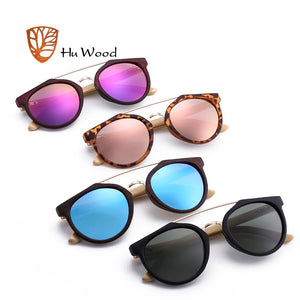 HU WOOD Brand Sunglasses Men Women Natural Bamboo Frame Sun Glasses Round Wrap Double Bridge Goggle Driving Travel GR8023