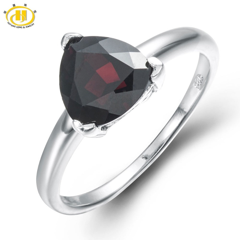 HUTANG 1.75ct Natural Black Garnet Solid 925 Sterling Silver Solitaire Ring Gemstone Fine Jewelry Women's Xmas Gift Black Friday