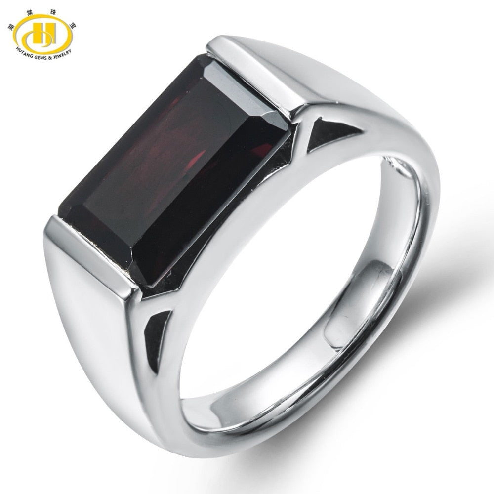 HUTANG 4.0ct Natural Black Garnet Emerald Cut Solid 925 Sterling Silver Ring Gemstone Fine Jewelry Women's Men's Xmas Gift