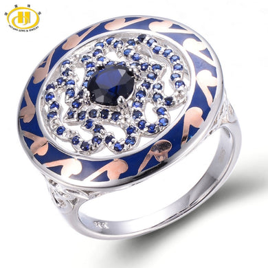 HUTANG Created Blue Sapphire Enamel Solid 925 Sterling Silver Ring Chinese Element Gemstone Fine Jewelry 11.11