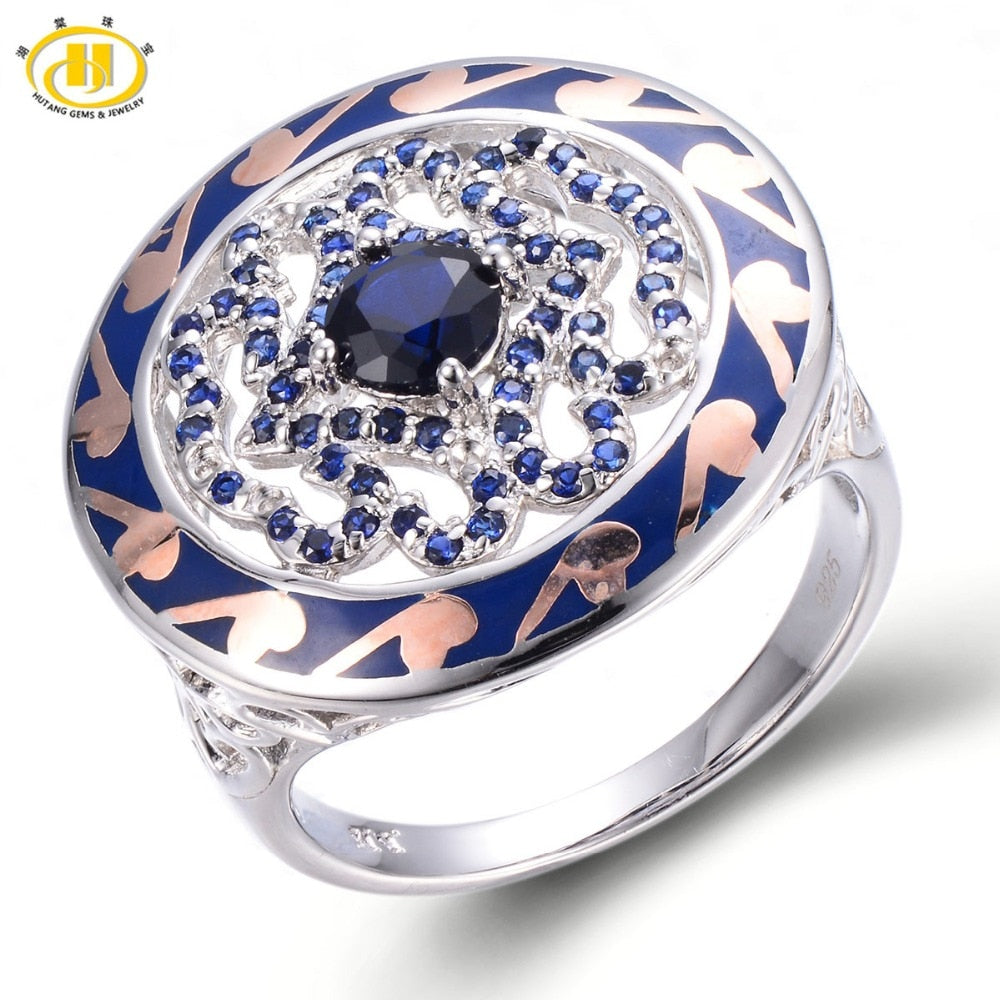 HUTANG Created Blue Sapphire Enamel Solid 925 Sterling Silver Ring Chinese Element Gemstone Fine Jewelry 11.11