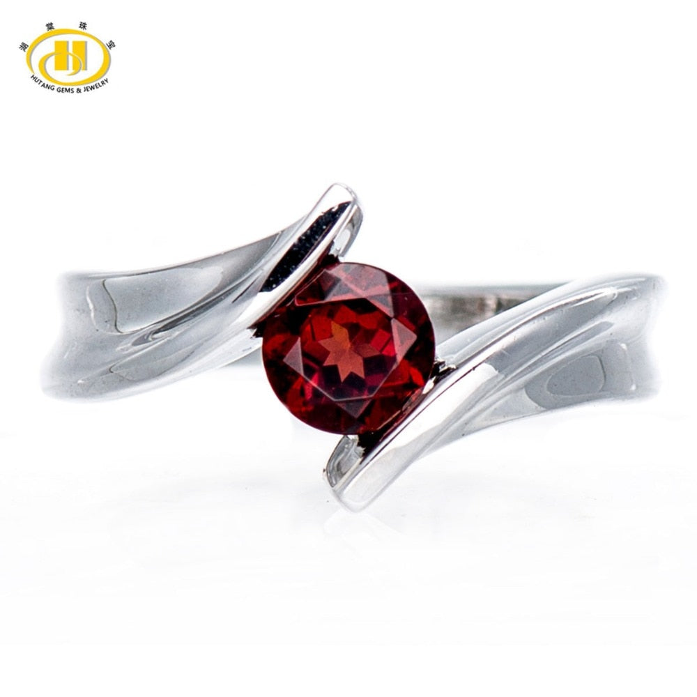 HUTANG Natural Garnet Solid 925 Sterling Silver Birthstone Ring For Women Lady Jewelry Solitaire Style