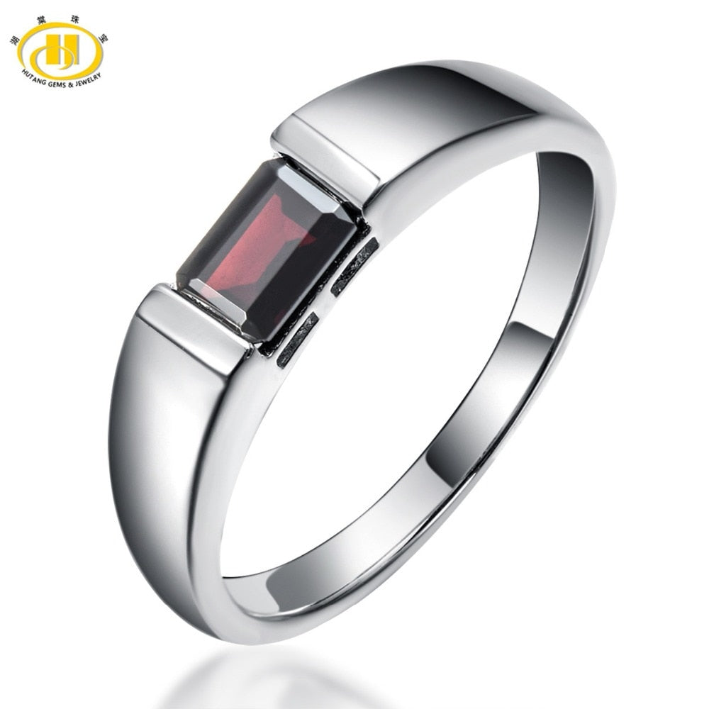 HUTANG Stone Jewelry Natural Black Garnet Solid 925 Sterling Silver Ring Emerald Cut Gemstone For Women's Men's Gift New