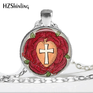 HZ--A364 Popular Rosicrucian rose pendant cross necklace glass dome necklace occult jewelry gift for women and him jewelry HZ1