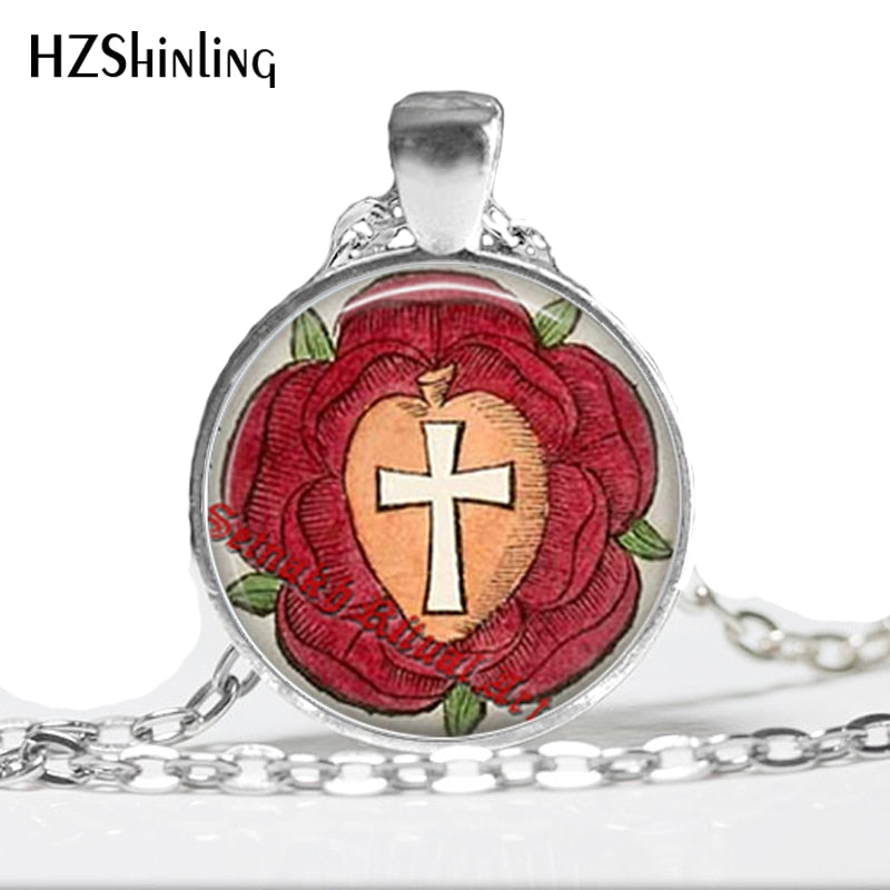 HZ--A364 Popular Rosicrucian rose pendant cross necklace glass dome necklace occult jewelry gift for women and him jewelry HZ1