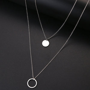 Women Double Round Geometric Pendant Necklace Stainless Steel Gold and Silver Color Jewelry Gift