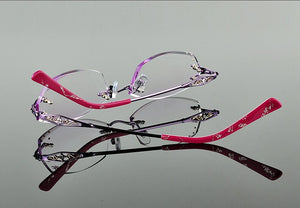 LOUISE STAR Titanium Fashion Anti-Blue Light Diamond Frameless Flat mirror Trend Carved Lens Elegant Female Prescription Glasses